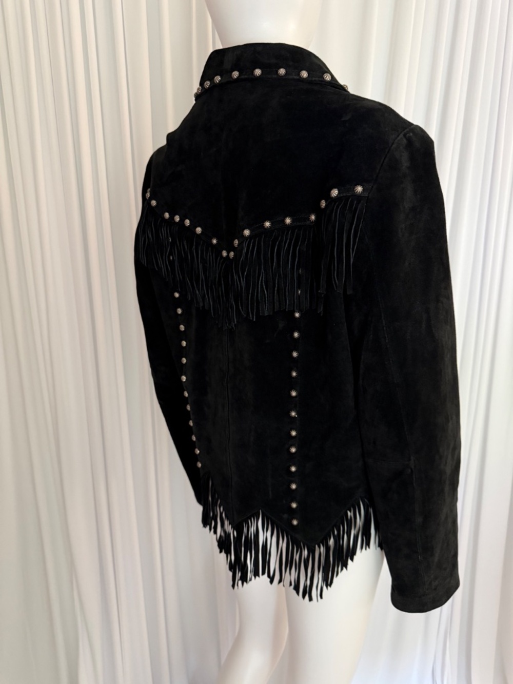 Saguaro Black Suede Leather Fringe Western Jacket | Red Satin Lining | Size L - Picture 3 of 16